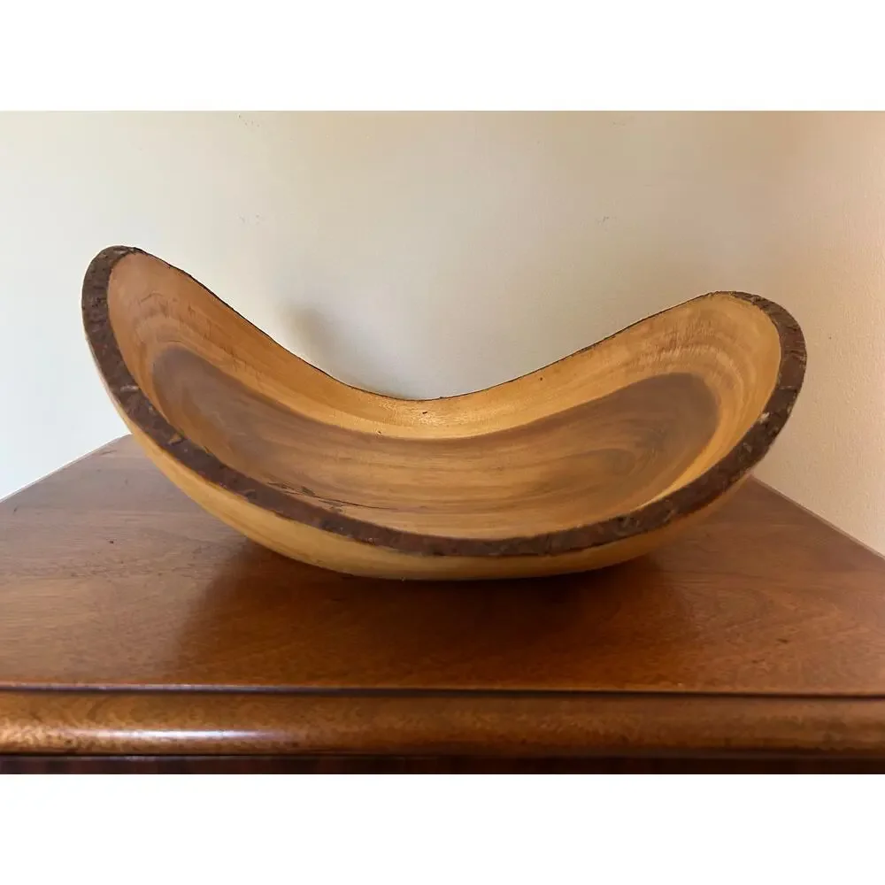 Vintage Olive Wood Look Live Edge Decorative Bowl with Burnt Floral Design